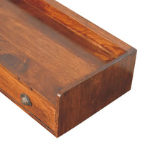 Belmont wall-mounted console shelf with a rich warm-toned wooden drawer and decorative shell-shaped metal pull