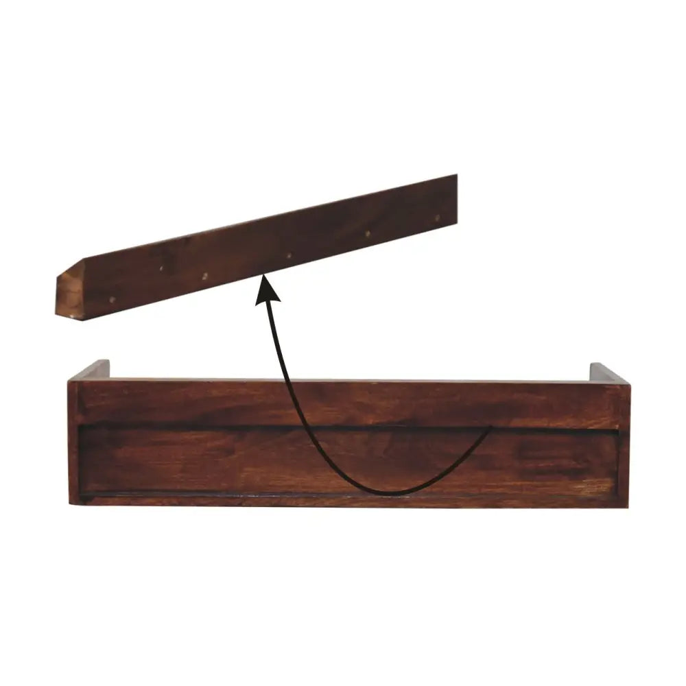 Dark brown wooden storage box with hinged lid on belmont wall-mounted console shelf for stylish wall storage