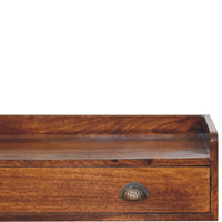 Belmont wall-mounted console shelf with rich warm wood drawer and elegant brass shell-shaped handle