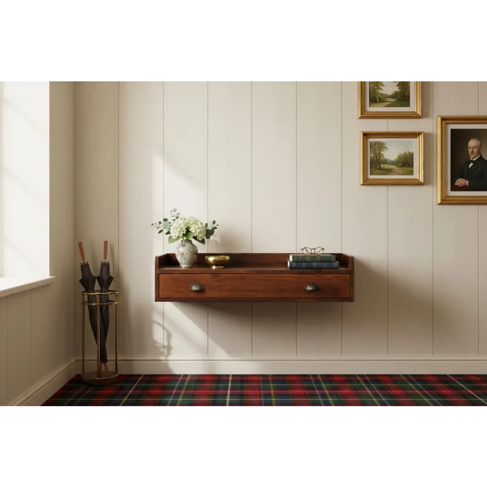 Dark wood belmont wall-mounted console shelf with single drawer and brass handles in minimalist design console shelf