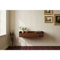 Dark wood belmont wall-mounted console shelf with single drawer and brass handles in minimalist design console shelf