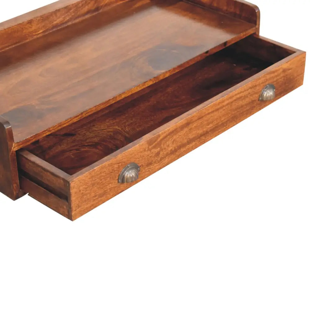 Belmont wall-mounted console shelf in warm wood with a single drawer and shell-shaped metal pulls console shelf