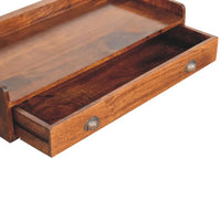 Belmont wall-mounted console shelf in warm wood with a single drawer and shell-shaped metal pulls console shelf