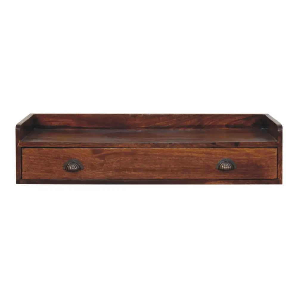 Dark brown wooden belmont wall-mounted console shelf with single drawer and metallic shell-shaped handles