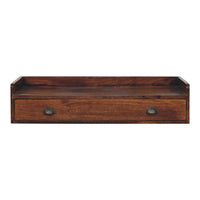 Dark brown wooden belmont wall-mounted console shelf with single drawer and metallic shell-shaped handles