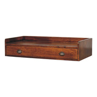 Rich mahogany wooden belmont wall-mounted console shelf with single drawer and dark metal shell handles