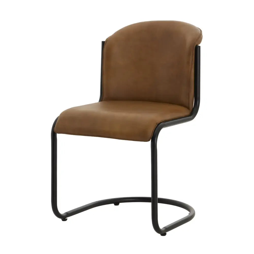 Brown leather billy leather curved dining chair with a sleek black metal frame perfect for curved dining setups