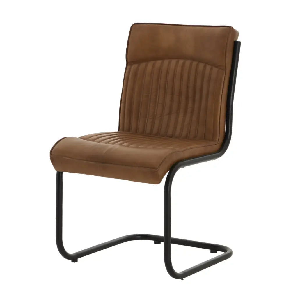 Brown suede leather dining chair with vertical ribbed detailing and sleek black metal cantilever frame perfect for dining
