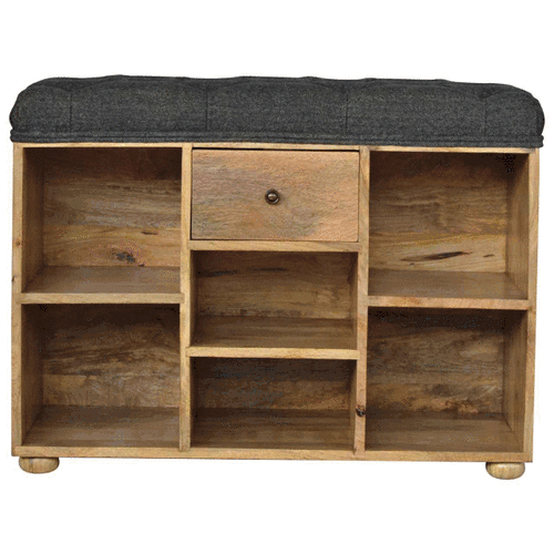 Rustic wooden drawer bench with black tweed dark gray tufted fabric top and one central drawer in opulent furniture style
