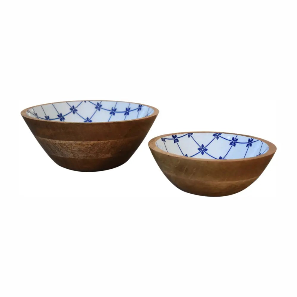 Two mango wood bowls with blue and white floral pattern inside in a stylish bowl set of 2