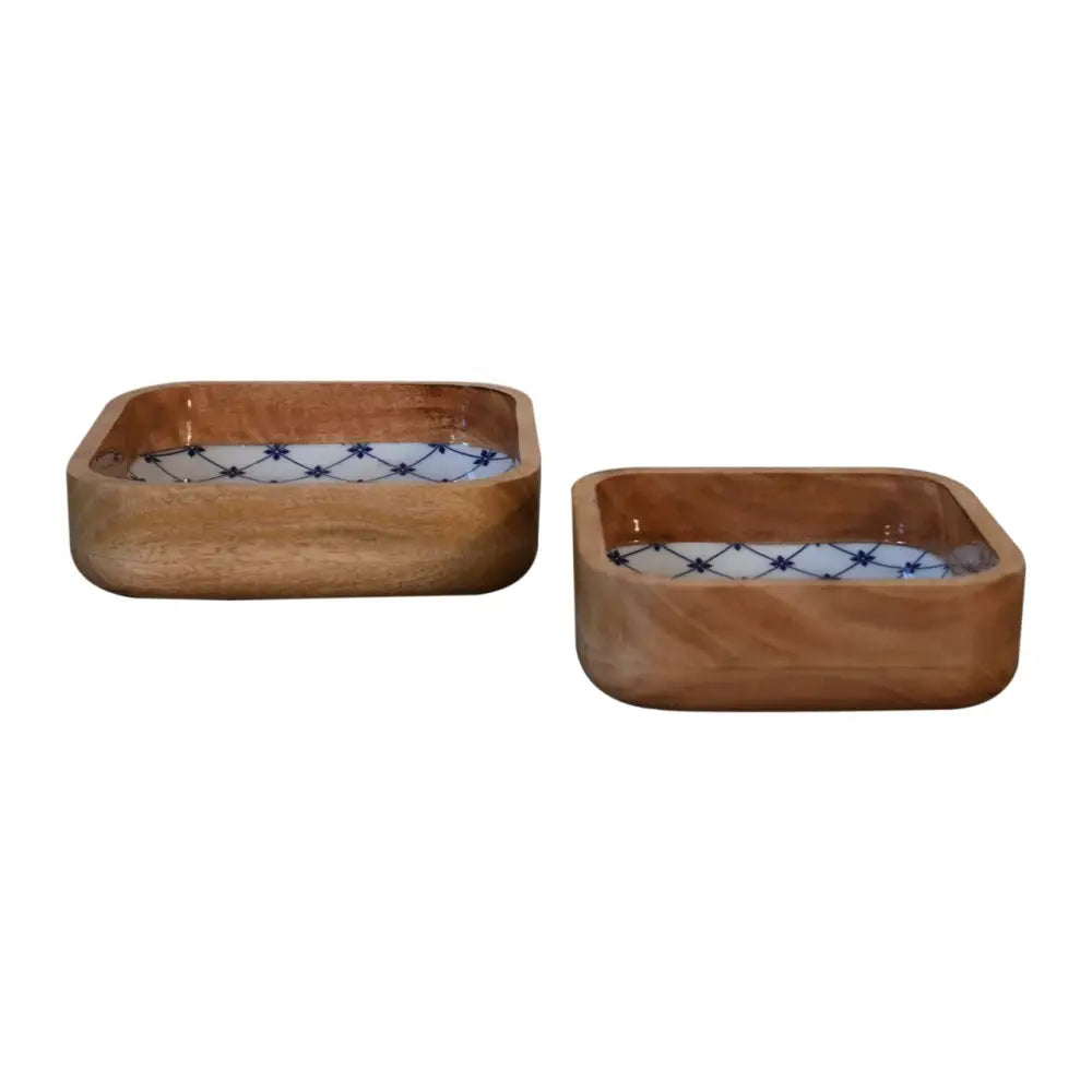 Rectangular wooden trays with smooth light brown finish and blue geometric patterns in blue and white square bowl set