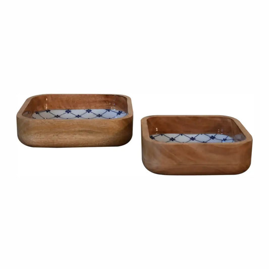 Rectangular wooden trays with smooth light brown finish and blue geometric patterns in blue and white square bowl set