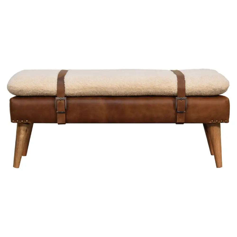 Brown leather bouclé buffalo hide leather bench with cream sheepskin upholstery and wooden legs