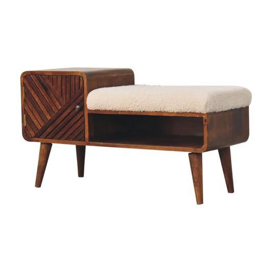 Mid-century modern telephone table with boucle carved chestnut wood, geometric side panel, and off-white shearling seat