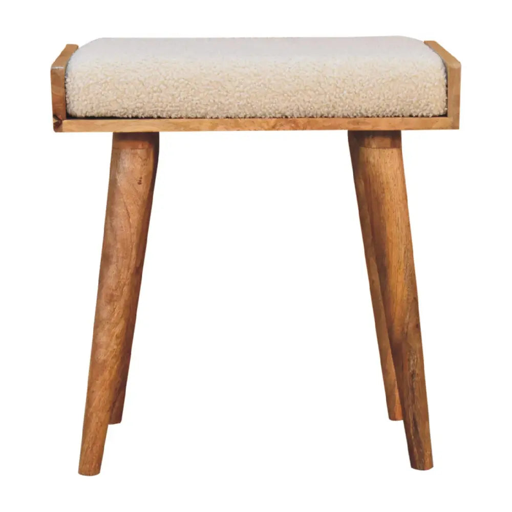 Minimalist wooden stool with boucle cream tray style light beige upholstered seat and tapered legs