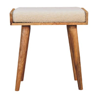 Minimalist wooden stool with boucle cream tray style light beige upholstered seat and tapered legs