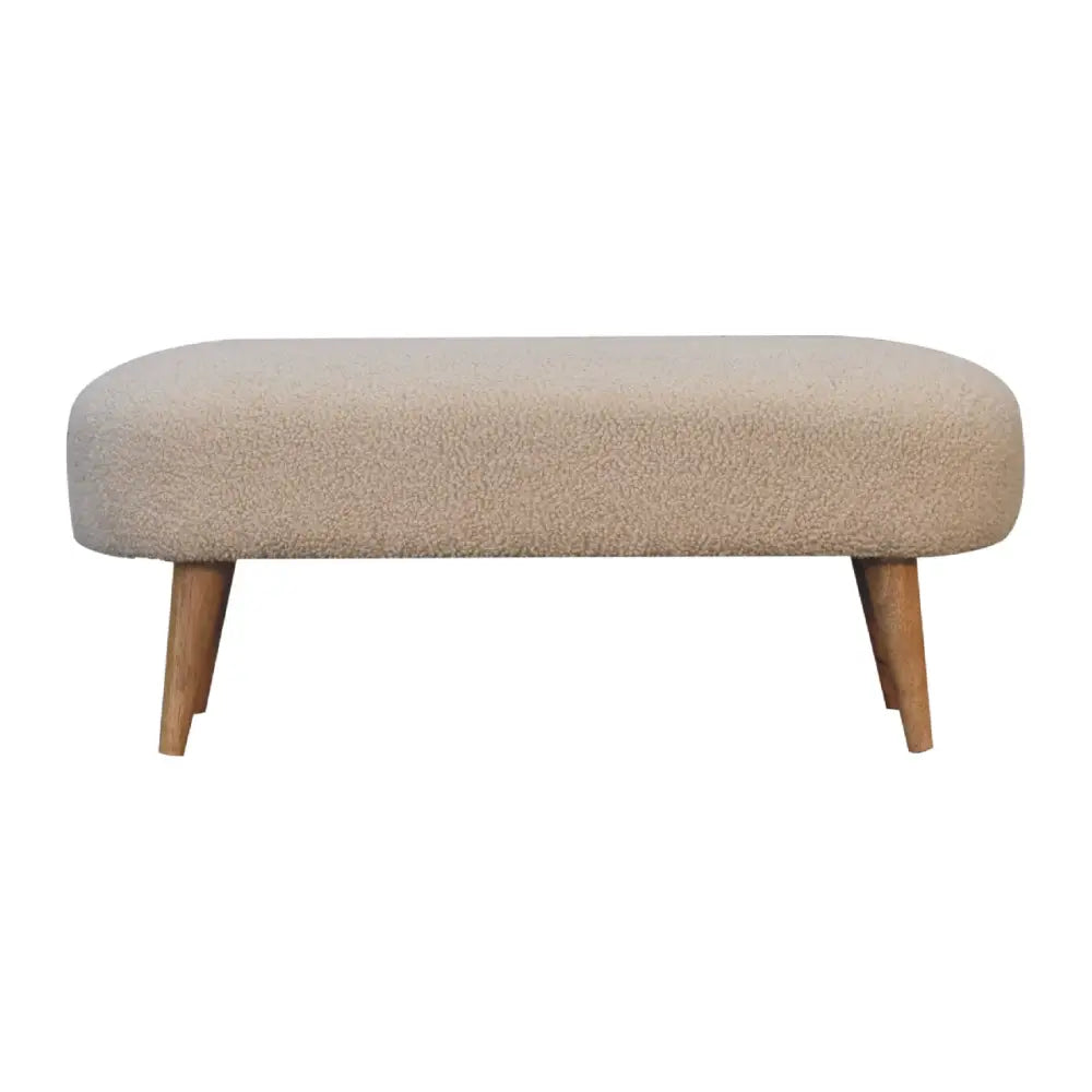 Beige boucle hallway bench with soft upholstery and wooden legs perfect for hallway seating and decor