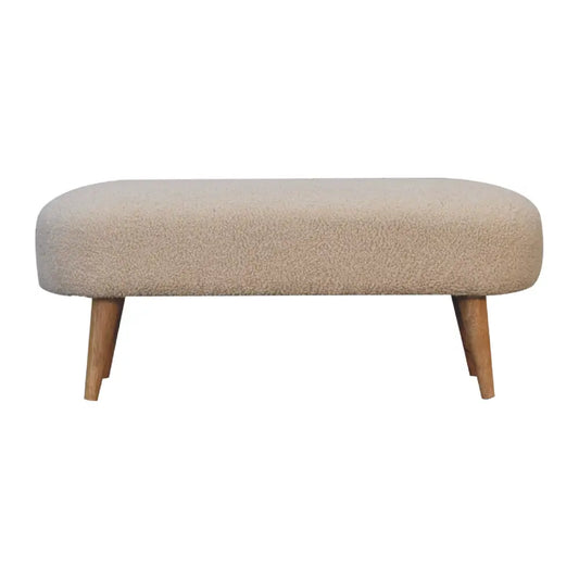 Beige boucle hallway bench with soft upholstery and wooden legs perfect for hallway seating and decor