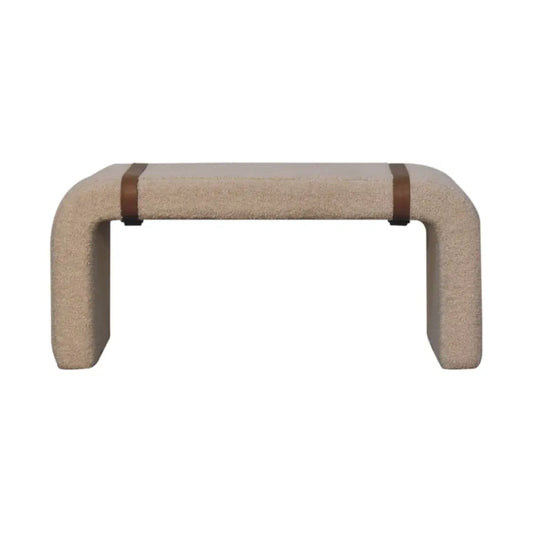 Beige boucle leather strap bench with textured upholstery and brown leather straps for stylish seating