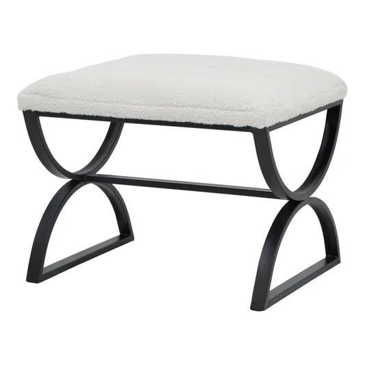 Boucle ribbed foot stool with black metal frame and plush white upholstered seat for stylish seating