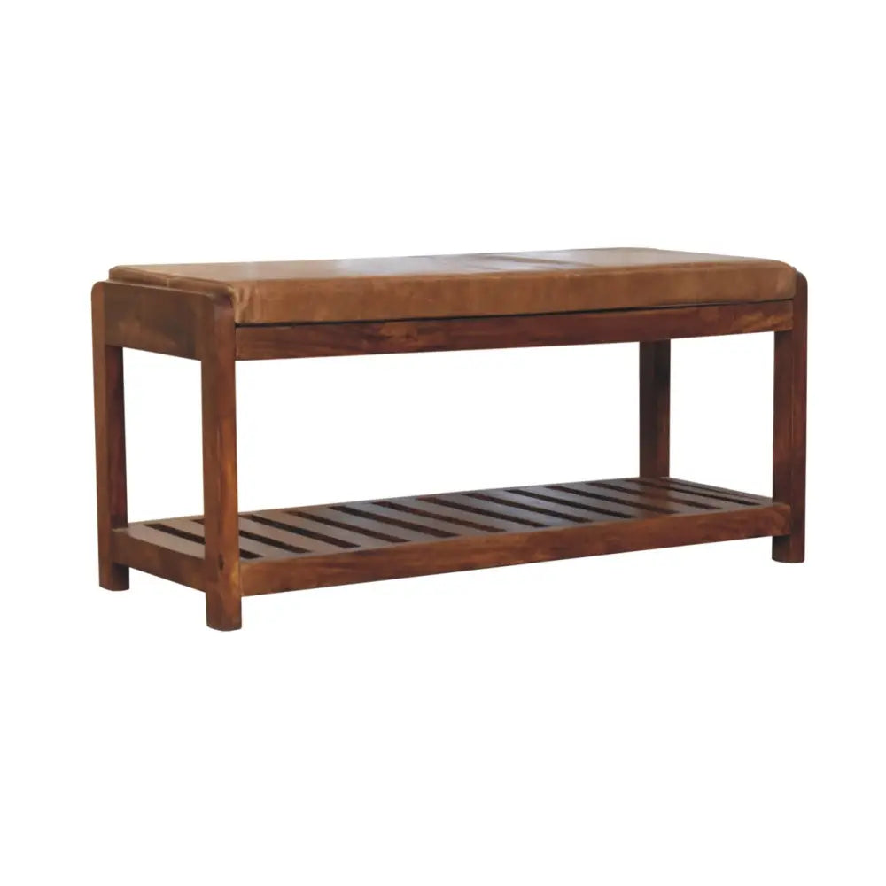 Brown leather-topped wooden buffalo slatted hallway bench with a lower slatted shelf perfect as a slatted hallway bench
