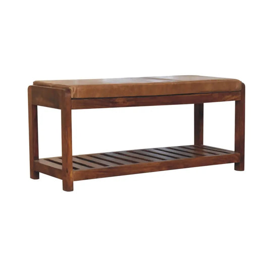 Brown leather-topped wooden buffalo slatted hallway bench with a lower slatted shelf perfect as a slatted hallway bench