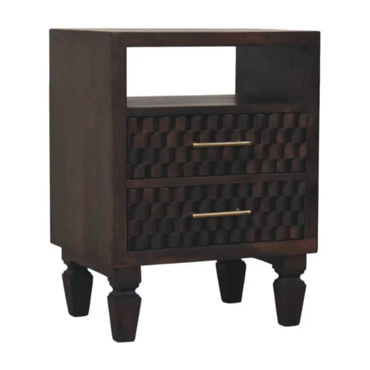 Dark wood cadiz carved bedside table with two drawers, geometric pattern, and gold-tone handles for stylish storage