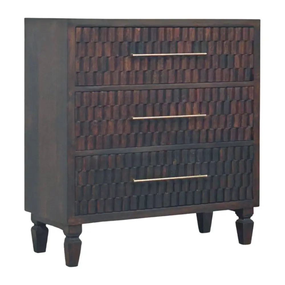 Dark wood cadiz carved drawer chest with three tiers textured woven pattern and gold-tone handles