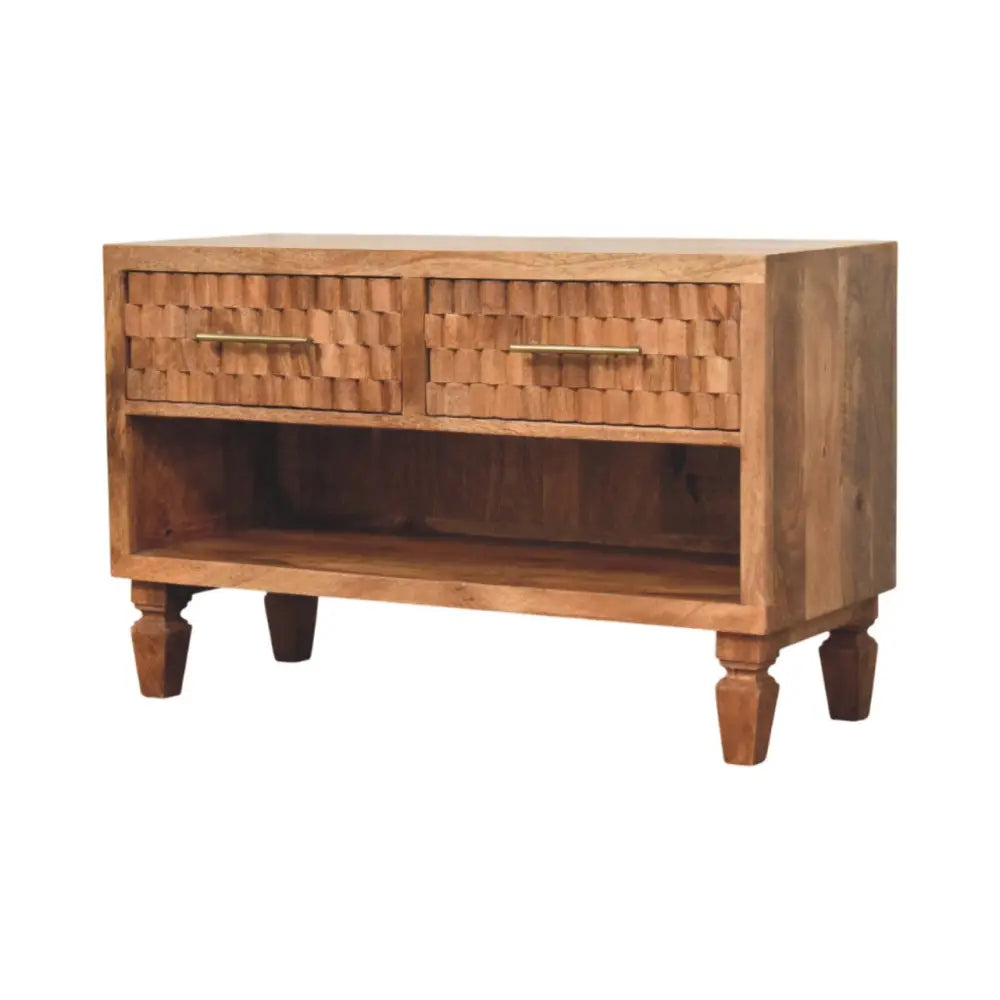 Rustic wooden cadiz carved entryway shoe cabinet with woven drawer fronts brass handles and turned legs
