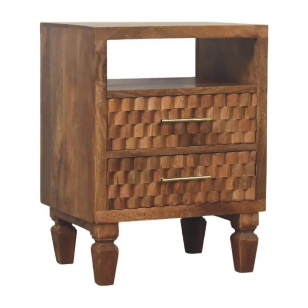 Brown wooden cadiz carved open shelf nightstand with two woven texture drawers and brass handles made of solid mango wood