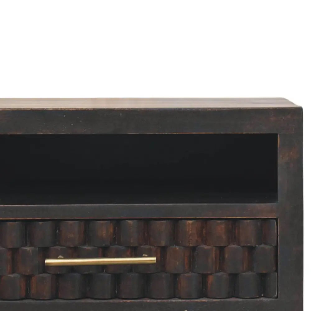 Dark brown cadiz carved bedside nightstand with woven texture and brass handle made of solid mango wood