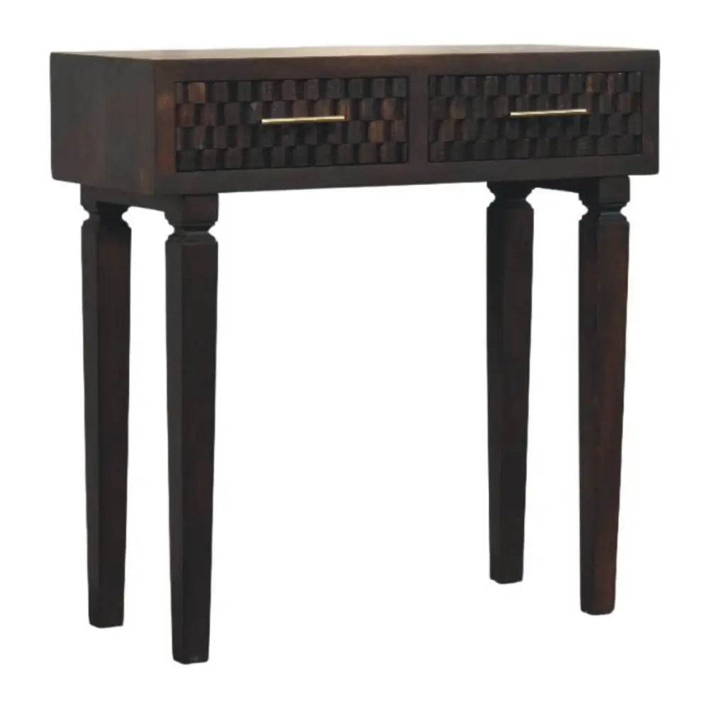 Dark wood cadiz carved slim console table with two drawers woven inlaid patterns and gold tone handles