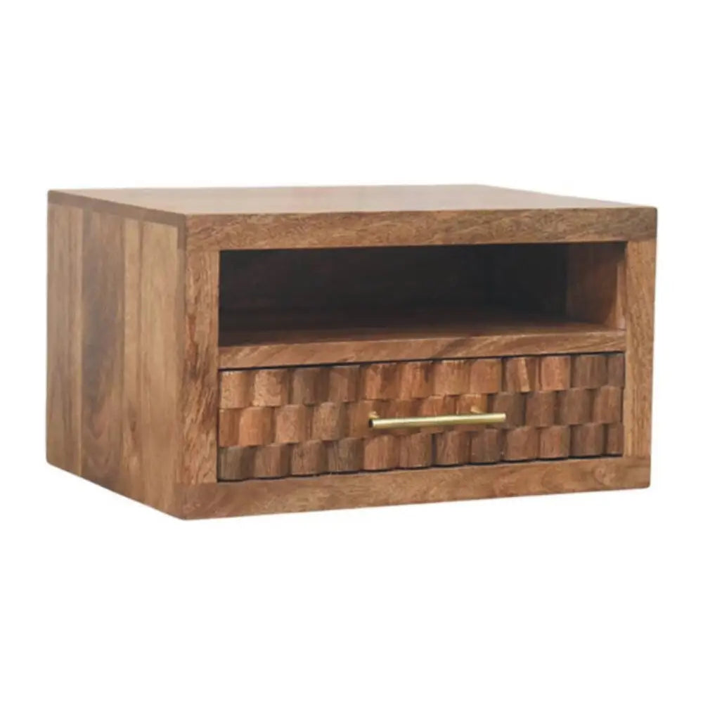 Rustic cadiz carved bedside nightstand in solid mango wood with woven texture drawer and brass handle