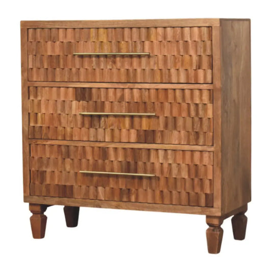 Rustic wooden cadiz carved storage chest with three woven drawer fronts and brass handles for stylish storage