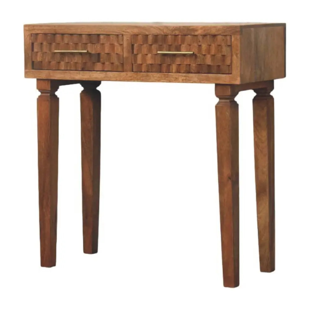 Rustic cadiz carved wooden console table with twin drawers in solid mango wood and brass handles on turned legs