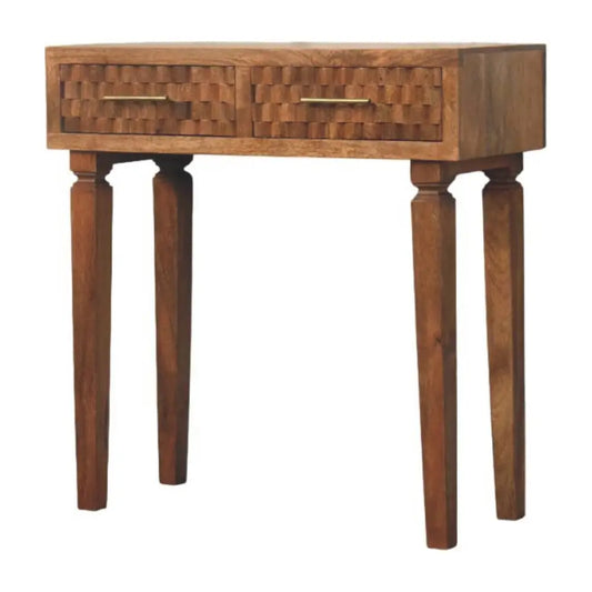 Rustic cadiz carved wooden console table with twin drawers in solid mango wood and brass handles on turned legs