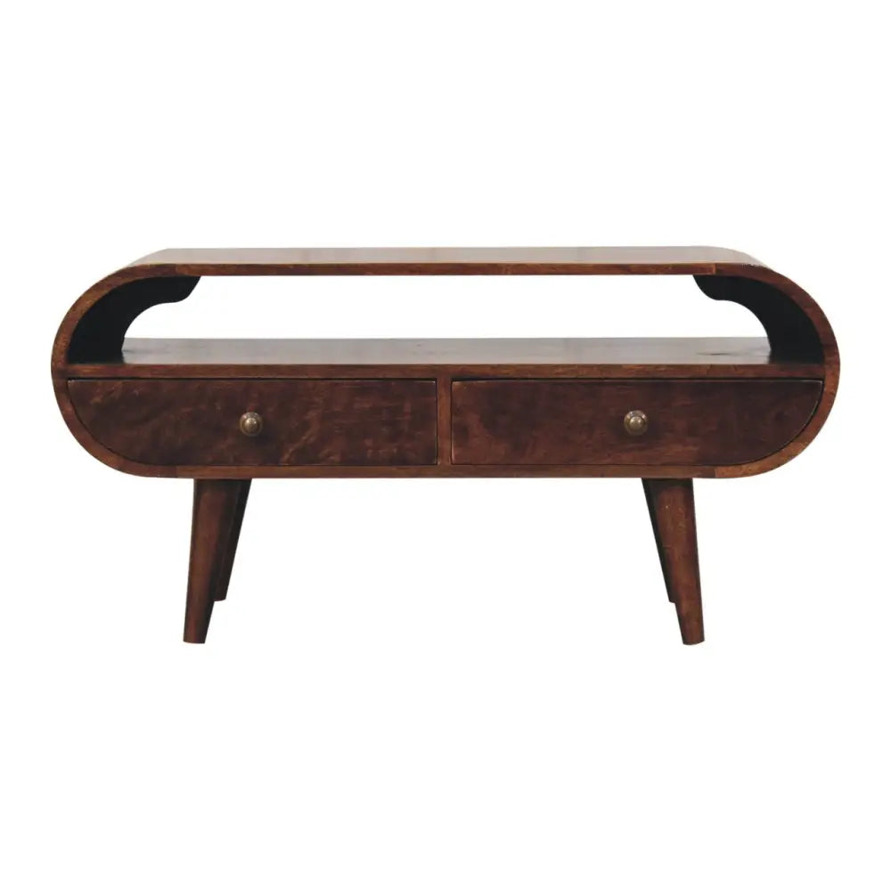 Mid-century modern california walnut circular tv stand with two drawers and curved legs in warm wood finish