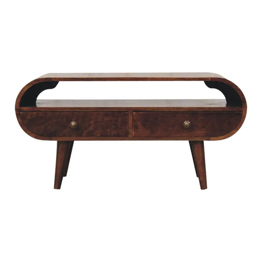 Mid-century modern california walnut circular tv stand with two drawers and curved legs in warm wood finish