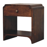 Dark brown wooden nightstand with single drawer and curved edges in california walnut newton bedside style