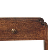 Dark brown walnut newton bedside drawer with brass knob and curved edges in california walnut finish