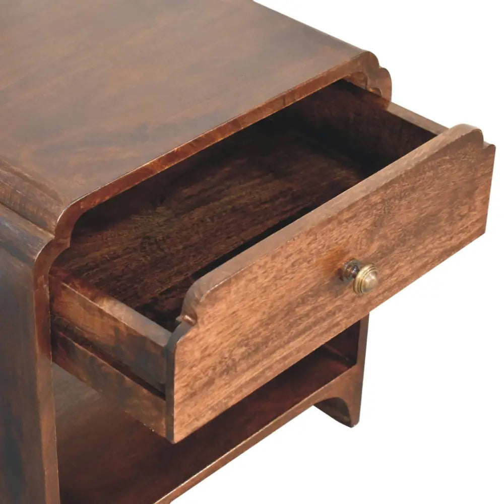 Dark brown wooden nightstand with single drawer brass knob curved edges california walnut newton bedside