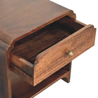 Dark brown wooden nightstand with single drawer brass knob curved edges california walnut newton bedside