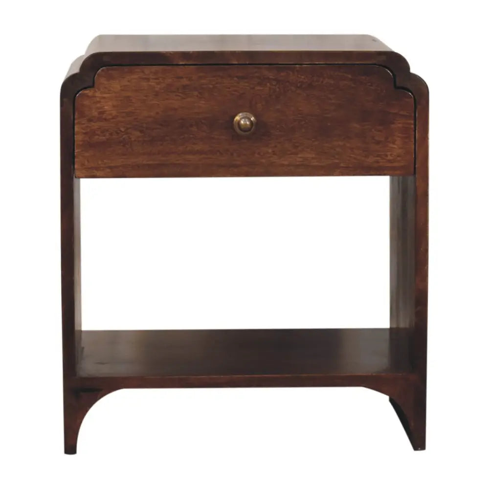 Dark brown wooden nightstand with single drawer and curved edges in california walnut newton bedside style