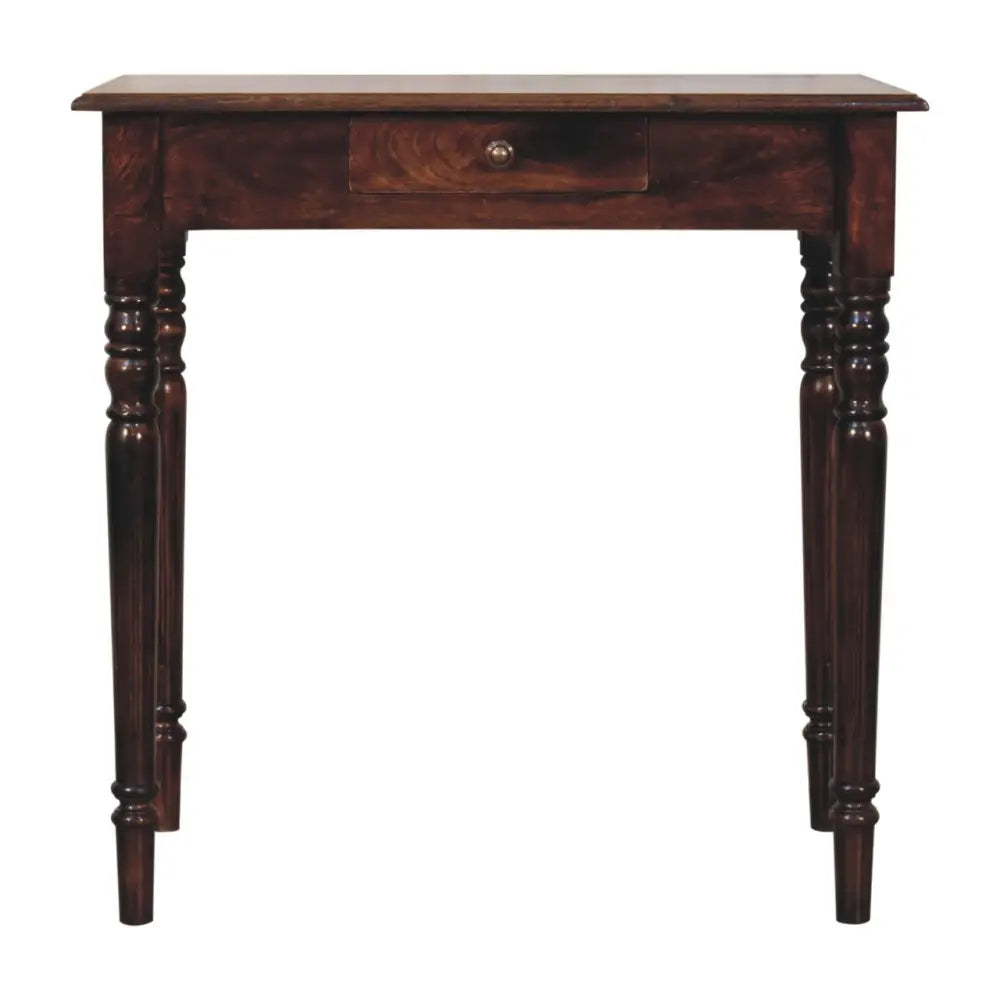 Dark brown california walnut writing desk with a single drawer and turned legs perfect for home office use
