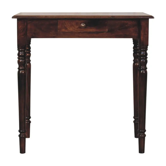 Dark brown california walnut writing desk with a single drawer and turned legs perfect for home office use