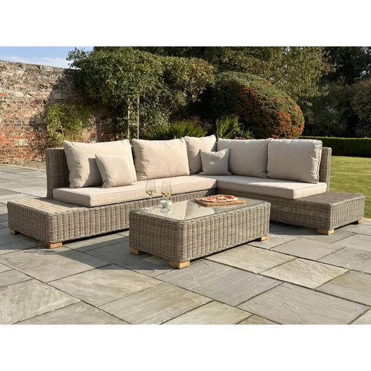 Beige cushioned outdoor sectional sofa with woven wicker frame and matching ottoman from capri collection large corner coffee table set