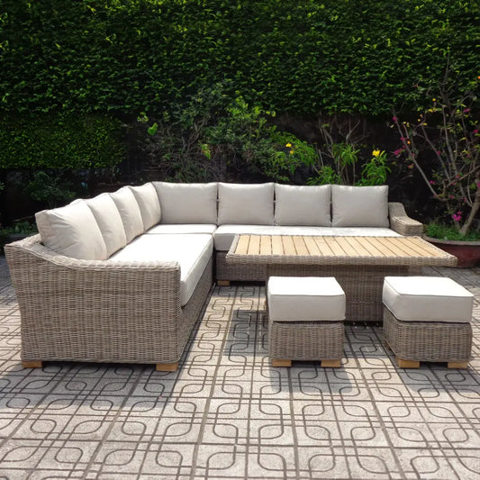 Beige woven wicker capri outdoor large corner set with cream cushions riser table and matching ottomans