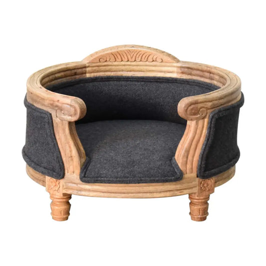 Elegant light wood carved battleship tweed pet bed with dark gray felt upholstery for cozy pet comfort