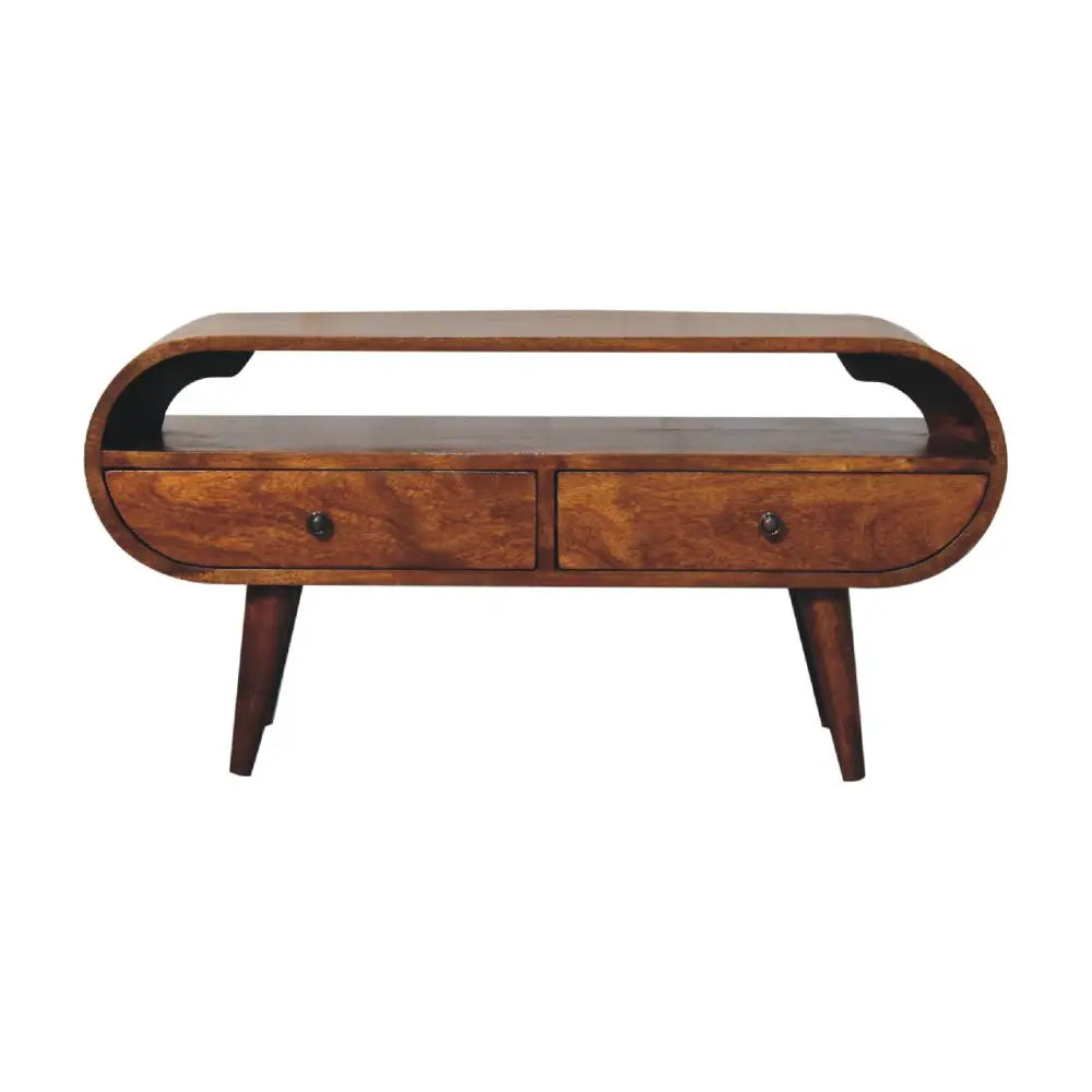 Mid-century modern chestnut circular tv stand with warm brown wood finish and two drawers with dark round knobs