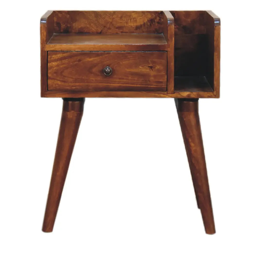 A warm brown wooden chestnut collective bedside nightstand with a single drawer and angled legs for bedroom use